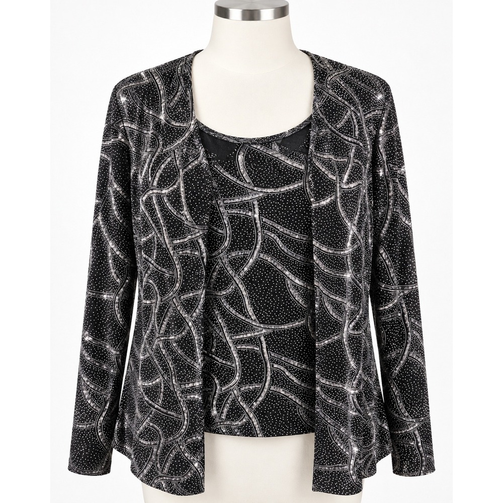 Xscape by Joanna Chen Black Silver Glitter Rhinestone 2 Piece Cardigan Set L